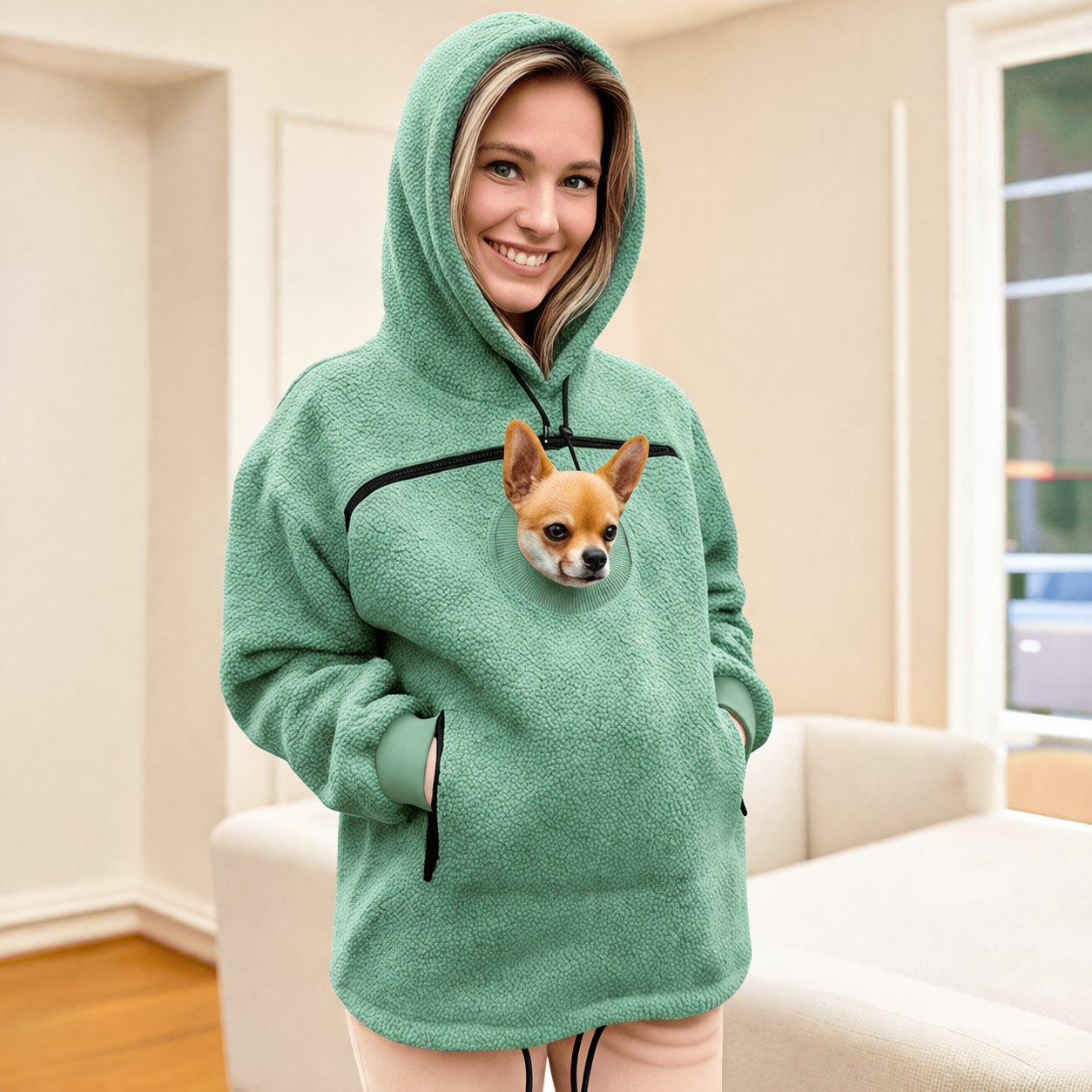 Person wearing a green hoodie with a dog peeking out of a pocket, sitting on a couch. Main image