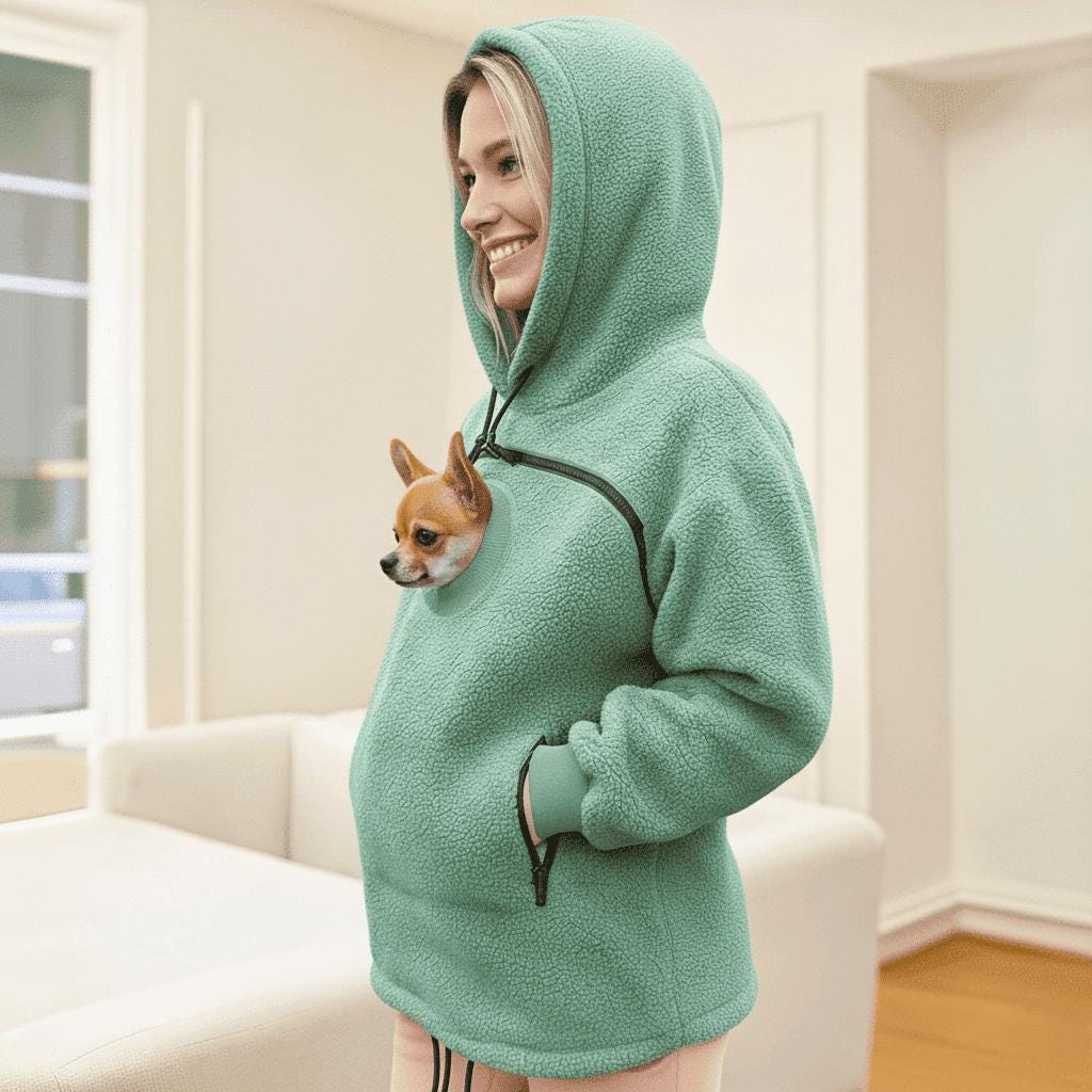 Person wearing a green hoodie with a small dog peeking out of the pocket, standing in a room.