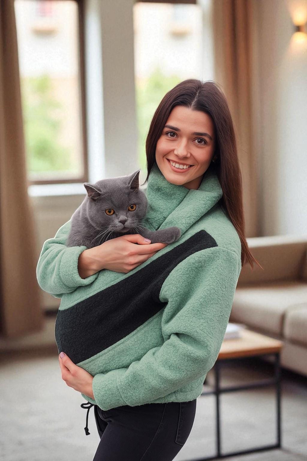 Emerald Green Bouclé Pet Carrier Sweatshirt: Travel Sling Bag for Cats and Dogs Secondary image