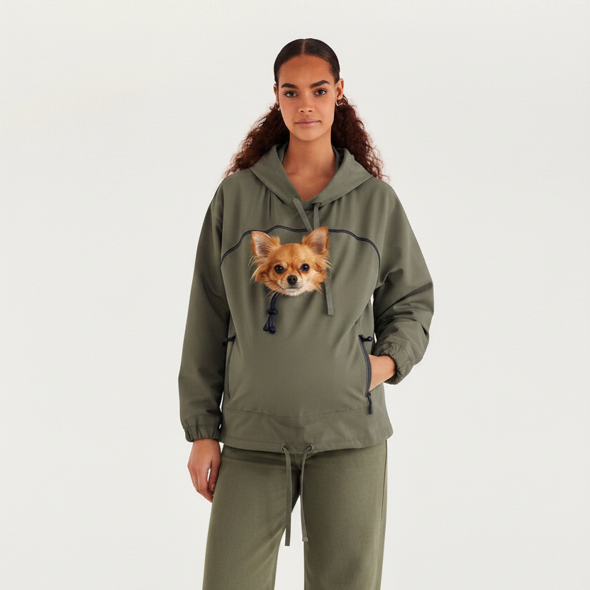 A woman modeling an olive green hooded sweatshirt and matching sweatpants set. The hoodie features a large embroidered dog face on the chest and a drawstring hood, paired with matching wide-leg sweatpants.
