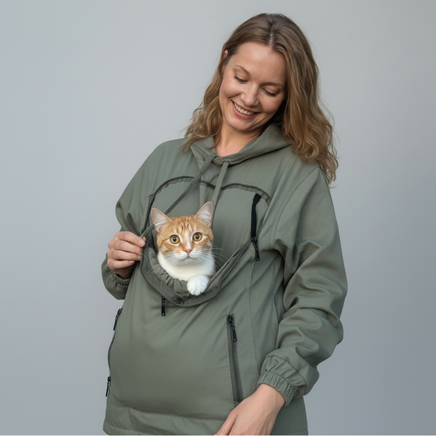 Army Green Hoodie with Built-In Pet Carrier – Dog & Cat Hoodie for Humans Secondary image