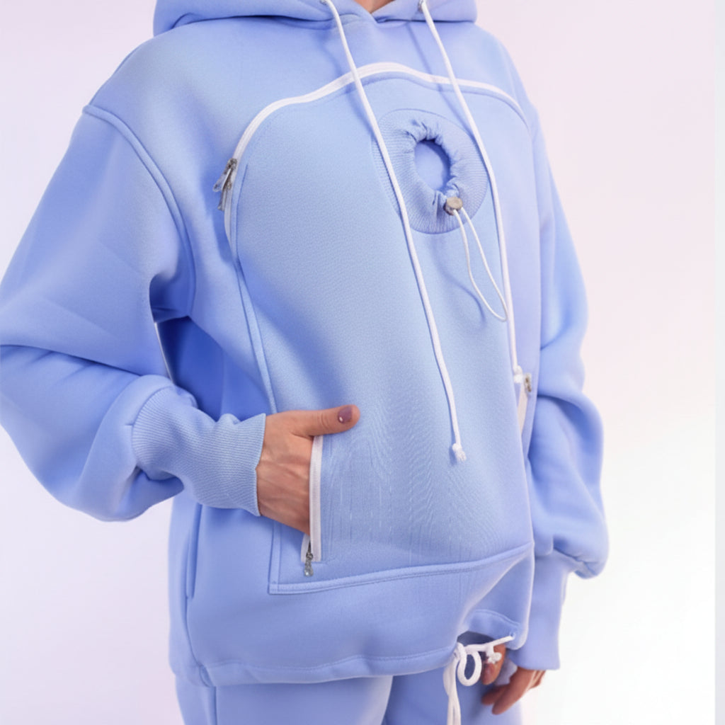Light blue hoodie with a front pocket on a white background