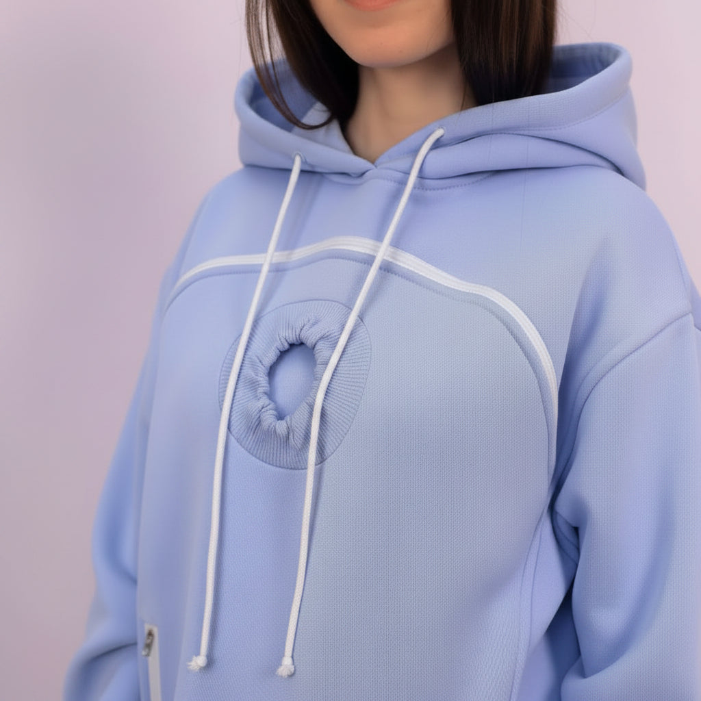 Light blue hoodie with white drawstrings on a plain background