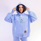 Women wearing a light blue hoodie with a white background