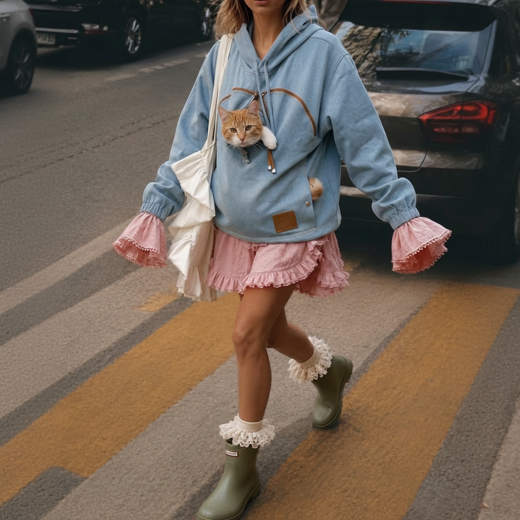 Woman wearing a light blue denim hoodie with a cat in the front pouch in the city