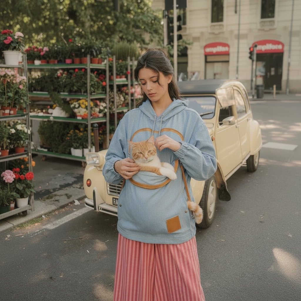 Woman wearing a light blue denim hoodie with a cat in the front pouch against a city background