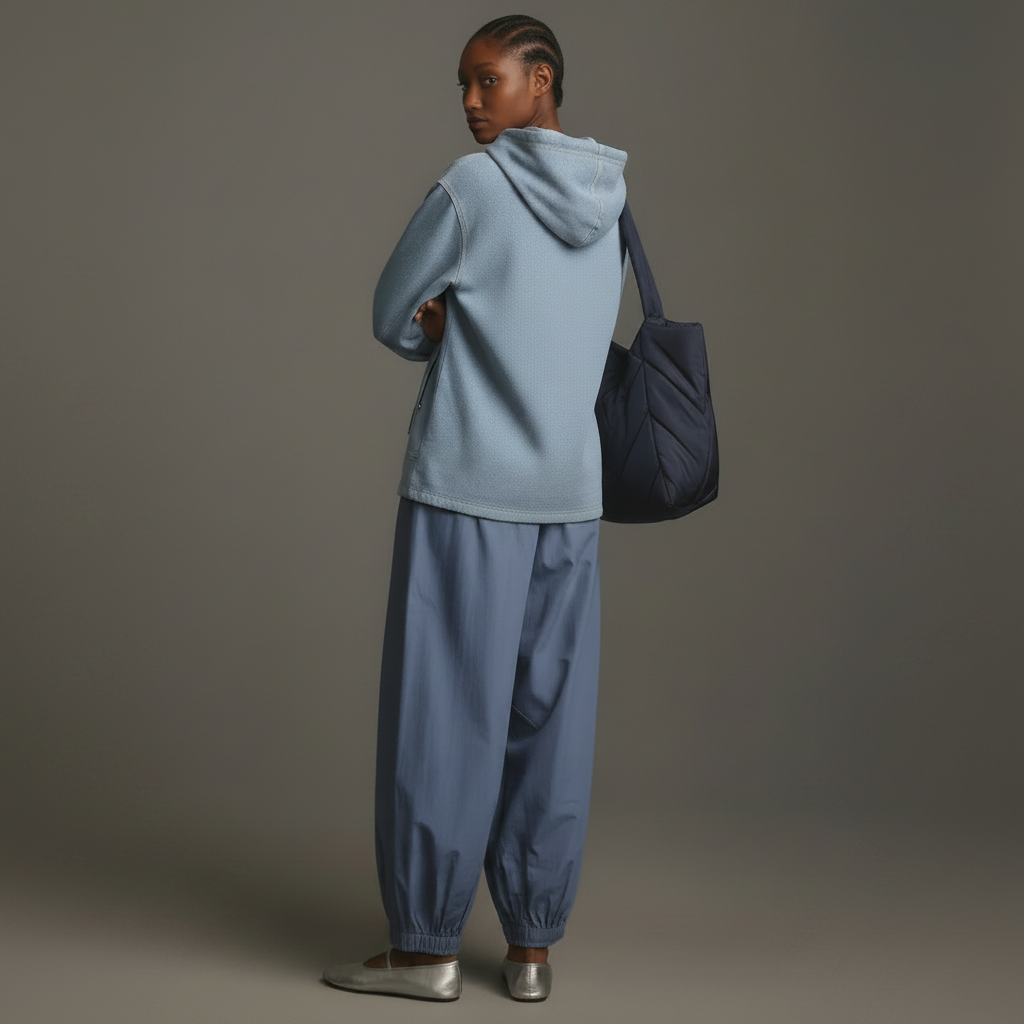 Person wearing a light blue denim hoodie against a dark background.