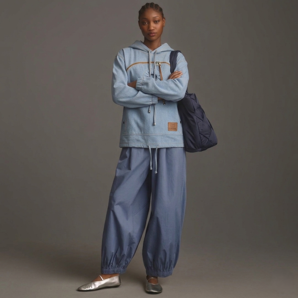 Person wearing a light blue denim hoodie with a pet pouch and an opening for a cat's head, against a dark background.