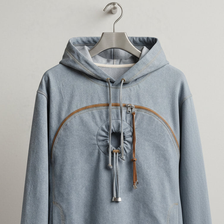 A light blue denim hoodie with a pet pouch and an opening for a pet's head, against a white background.