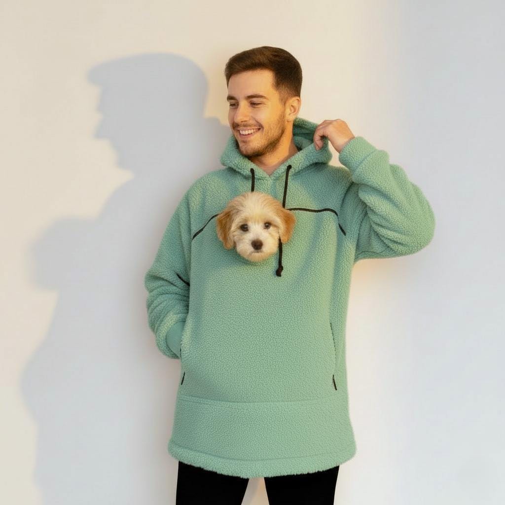 Man wearing a light green hoodie with a small dog peeking out from under the hood against a plain background