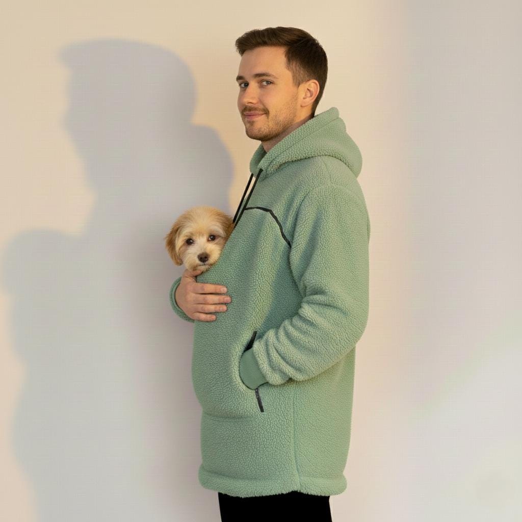 Man wearing a light green fleece jacket holding a small dog against a plain background