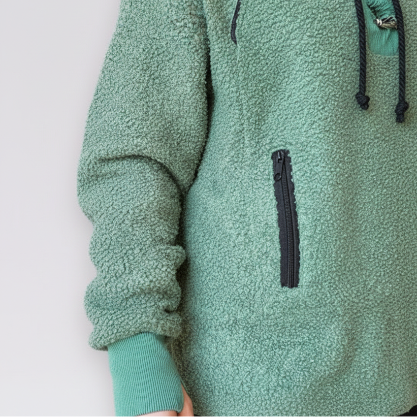 light Green fleece pullover with a zipper pocket on a white background
