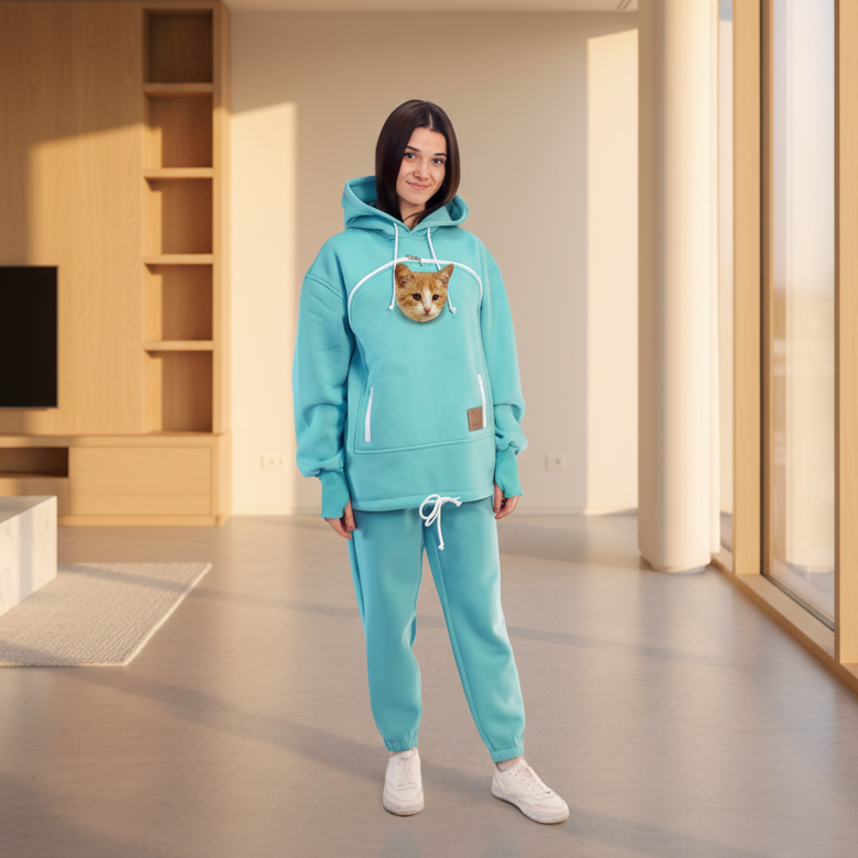 Person wearing a mint hoodie and pants with a cat face in a modern room.