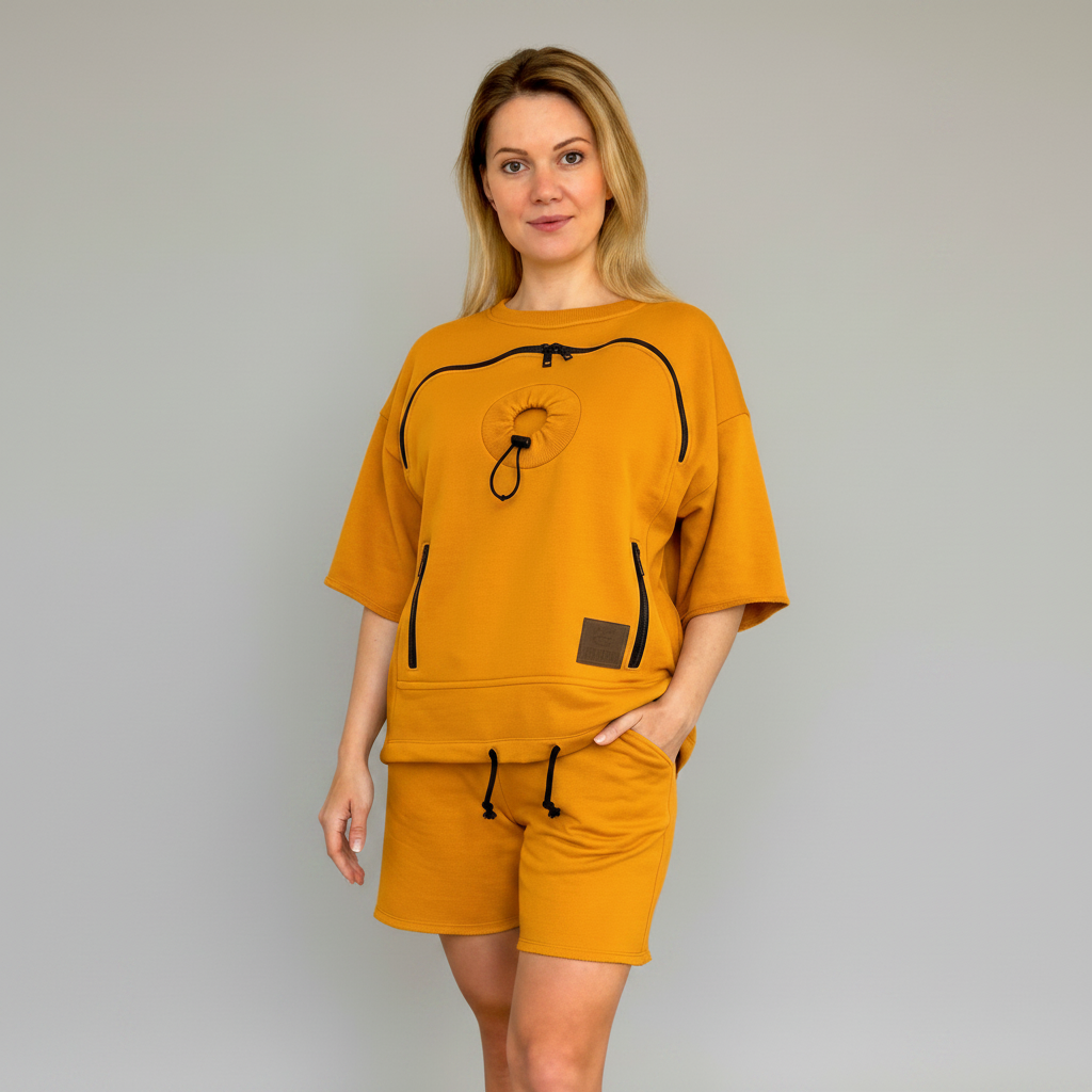 Woman wearing a mustard yellow outfit with black accents against a white curtain background