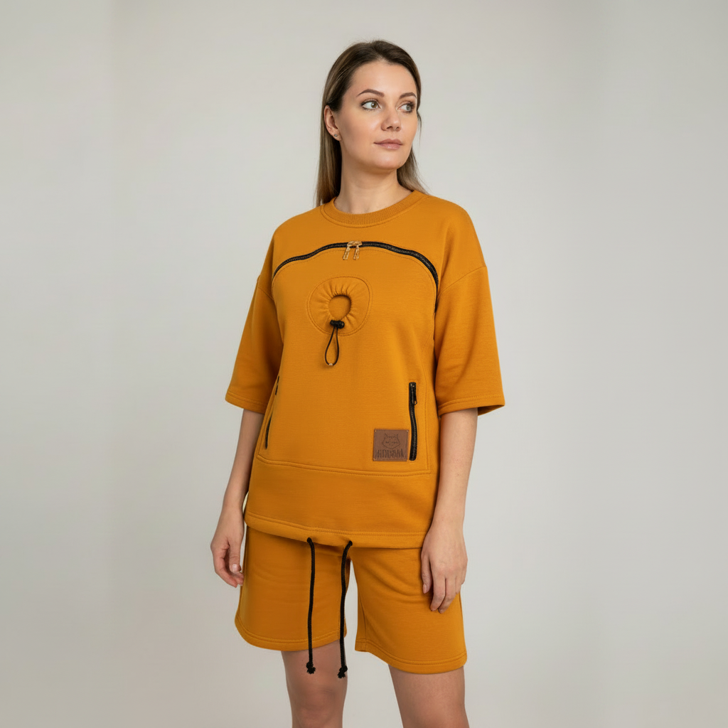 Woman wearing a mustard yellow outfit with a unique design on a plain background