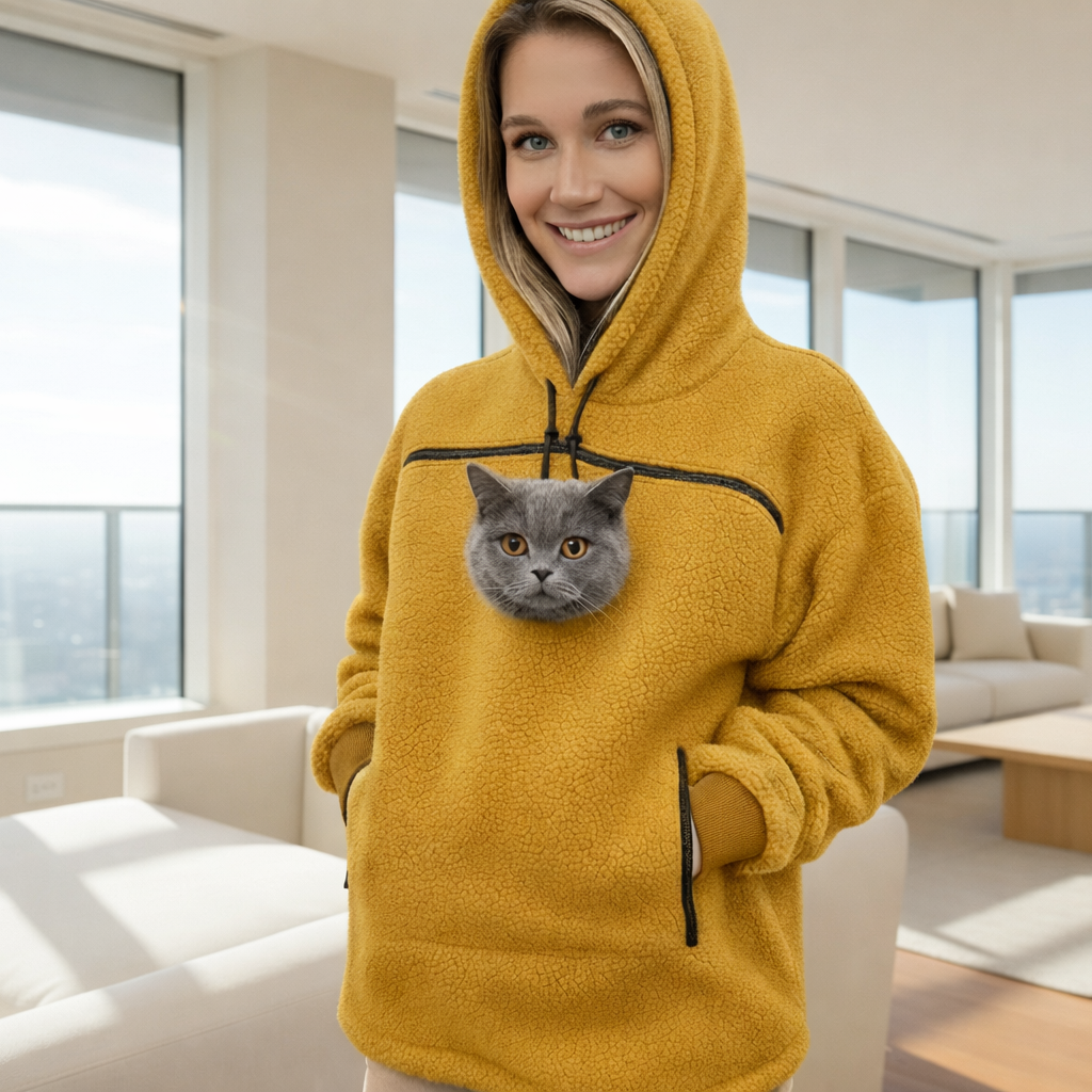 Person wearing a orange hoodie with a cat face design in a modern living room. Main image