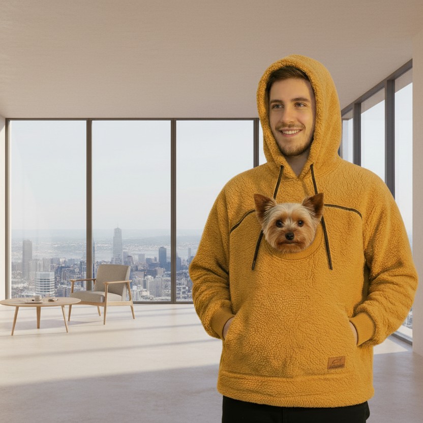 Person wearing a orange boucle hoodie with a pocket containing a small dog, standing in a bright room. Main image