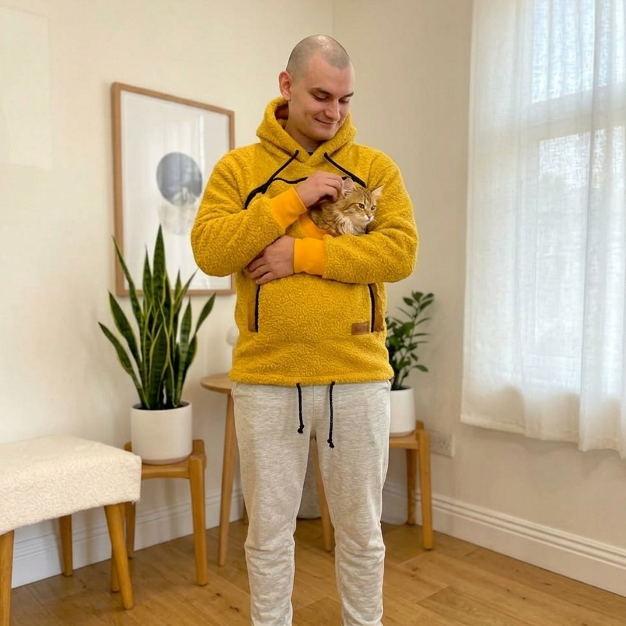 Man in orange fleece hoodie and light gray sweatpants holding a cat indoors.
