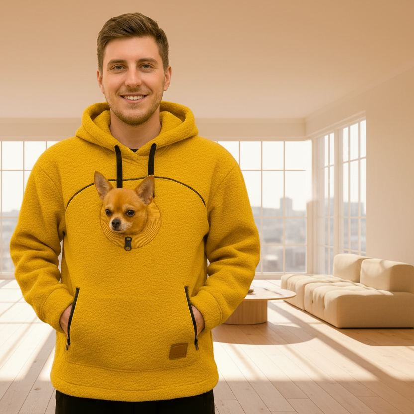 Man wearing a orange boucle hoodie with a dog pocket, standing in a living room.