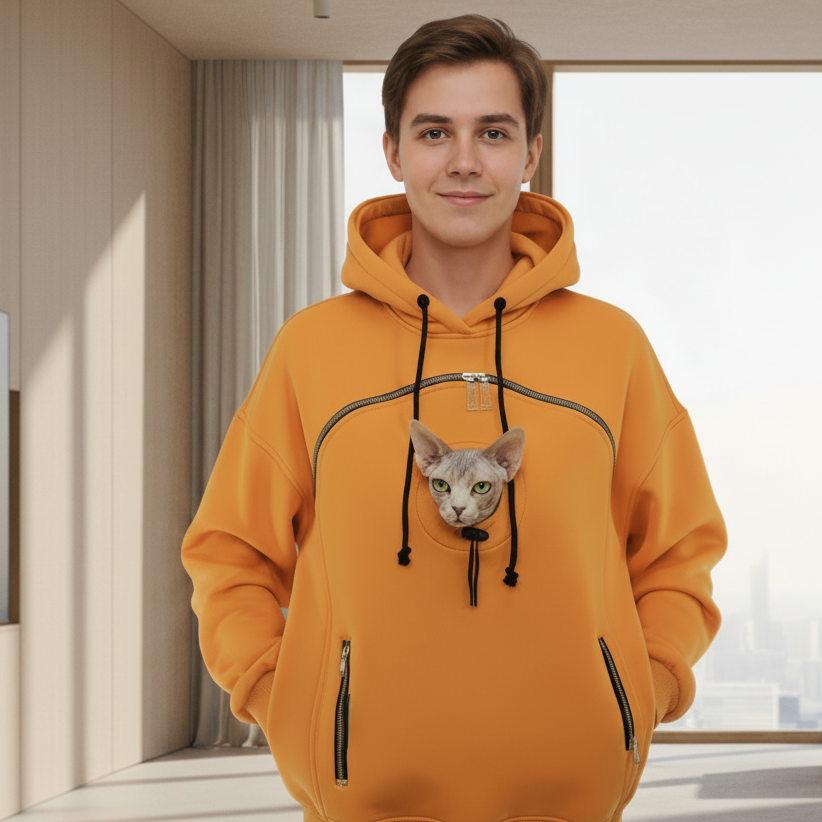 Men wearing an orange hoodie with a cat peeking out of the hood in a modern living room. Основне зображення