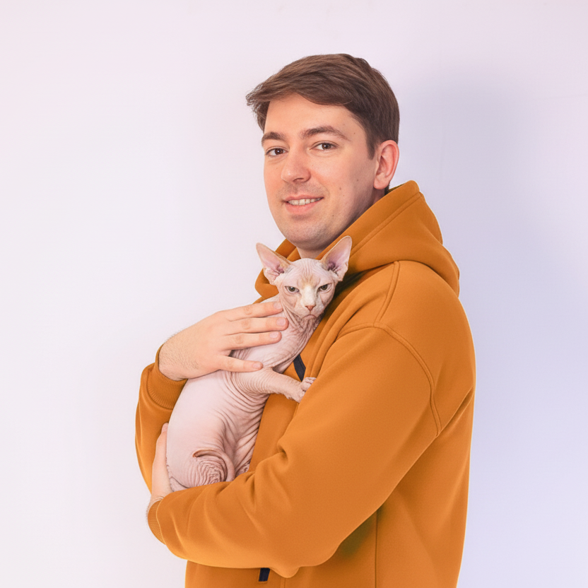 Man in an orange hoodie holding a white hairless cat against a light background