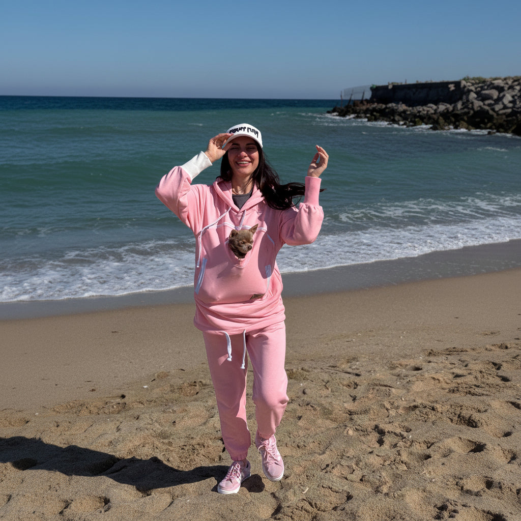 Person in pink outfit with a dog in a pouch on a beach