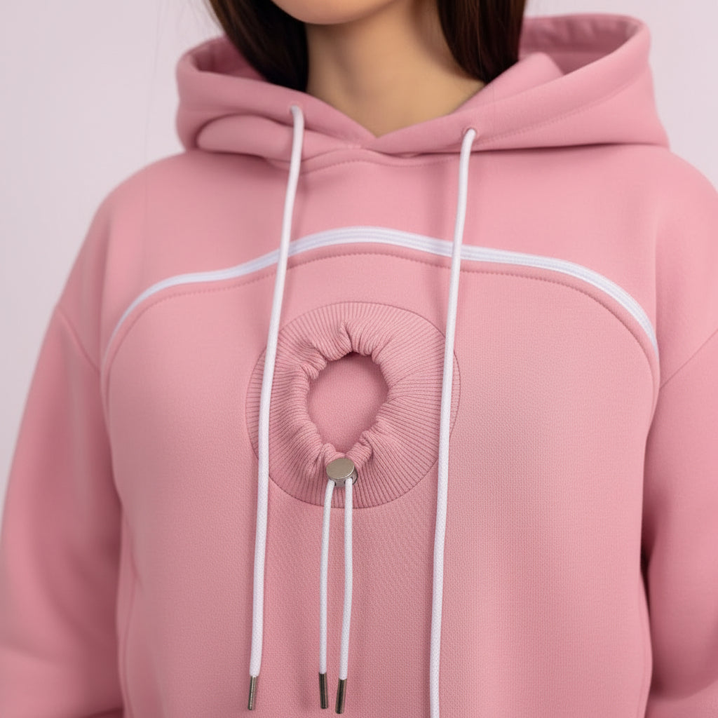 Close-up of a pink hoodie with white drawstrings on a plain background