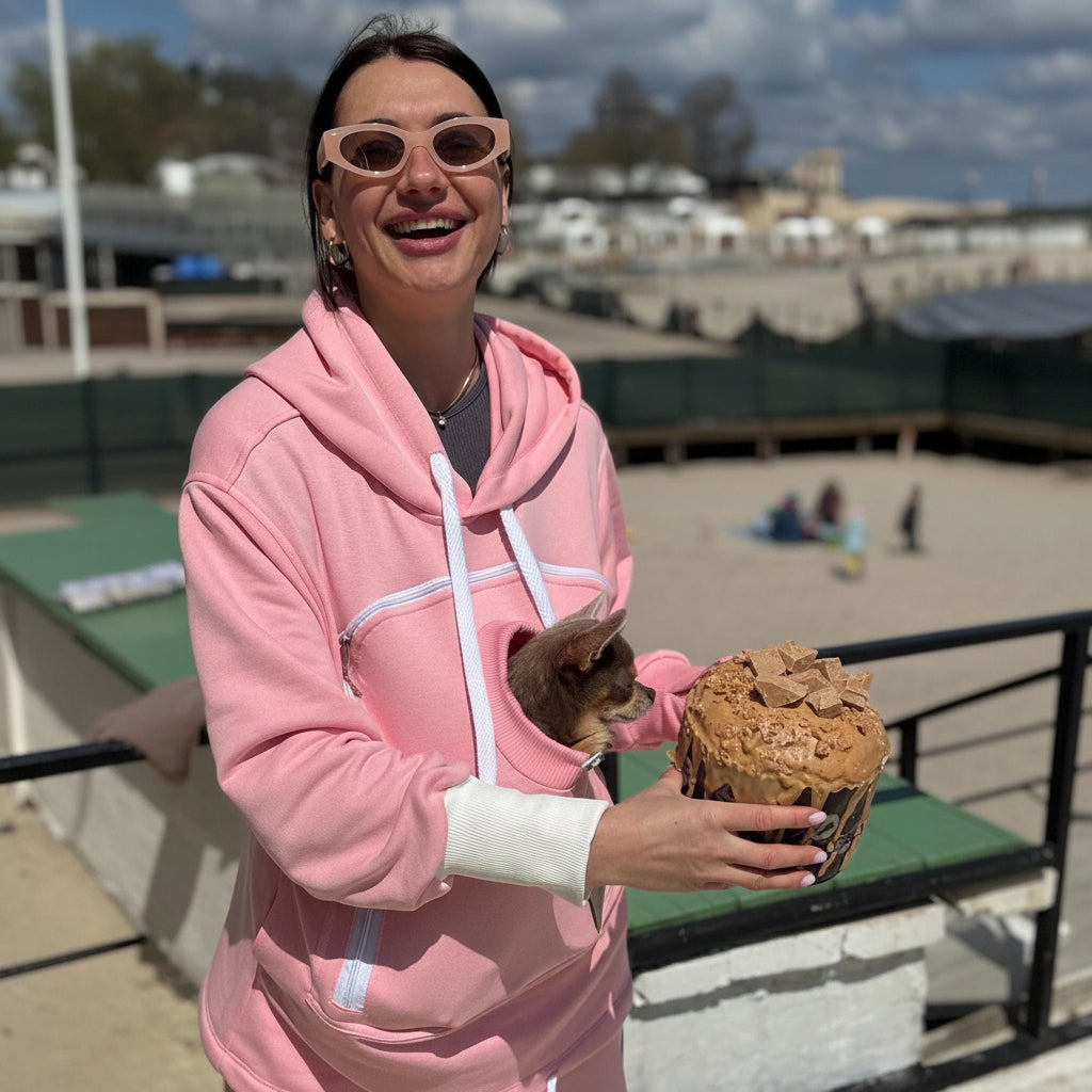 Person with a dog in pink hoodie holding a large chocolate muffin on a beach.