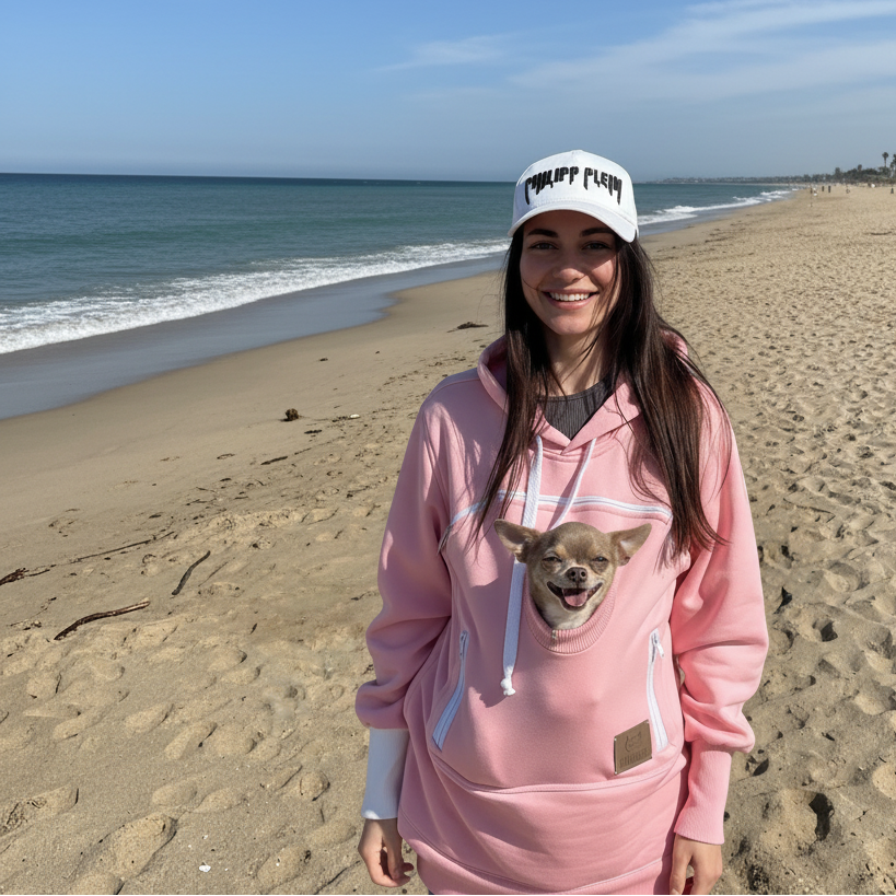 Woman wearing a pink hoodie with a dog's face on it, standing on a beach.