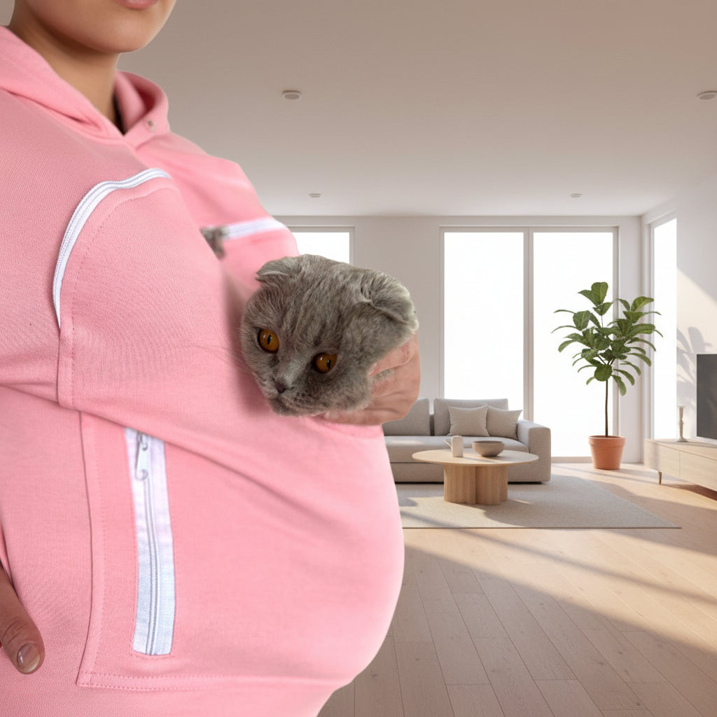 Person wearing a pink sweatshirt with a cat peeking out, in a modern living room.