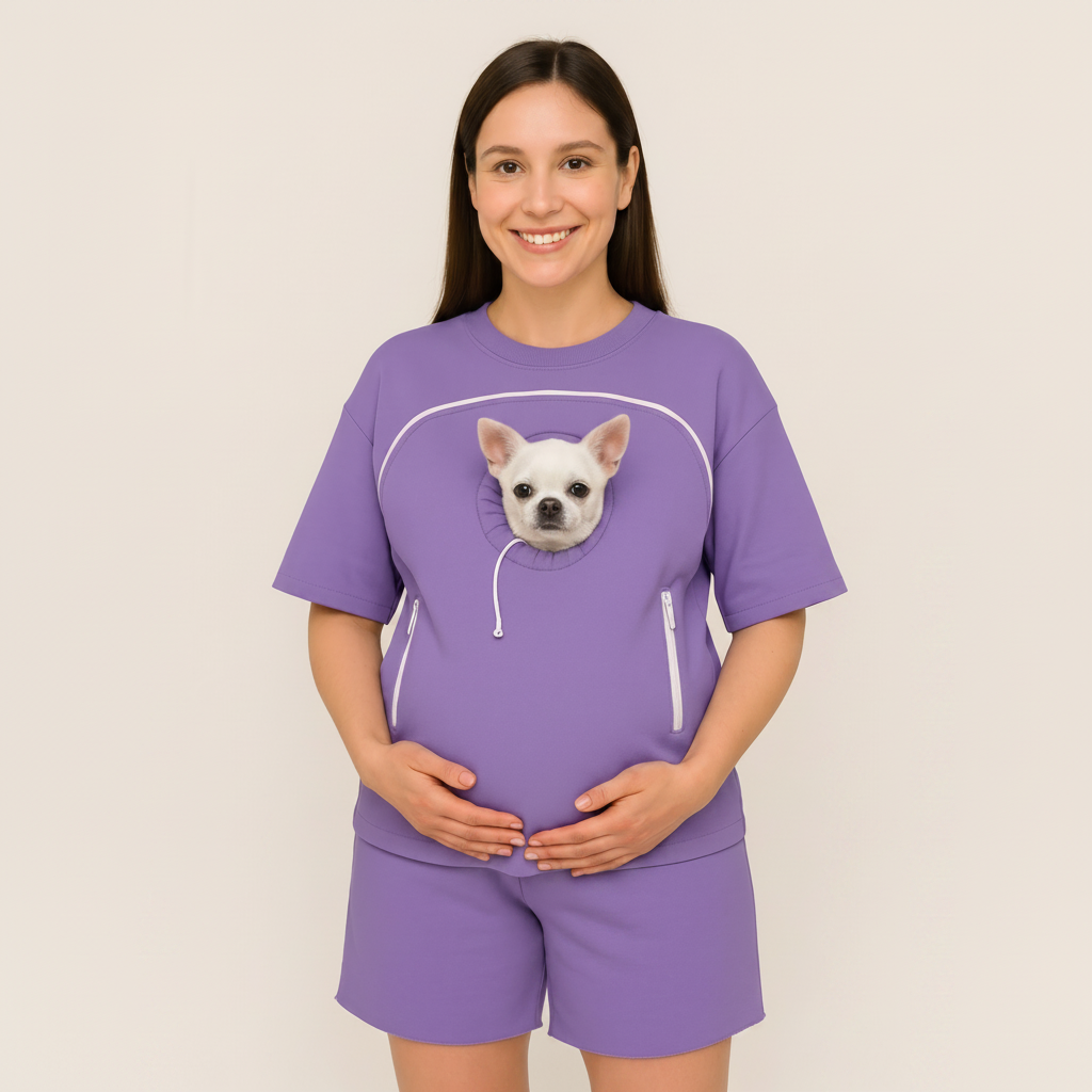 Person wearing a purple outfit with a dog graphic on a plain background