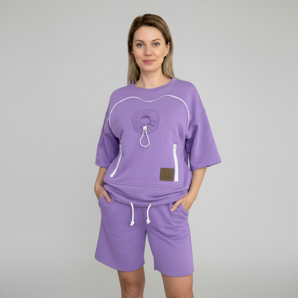 Cute Summer Outfits for Women: Purple Dog Holder Sweatshirt and Shorts Set Secondary image