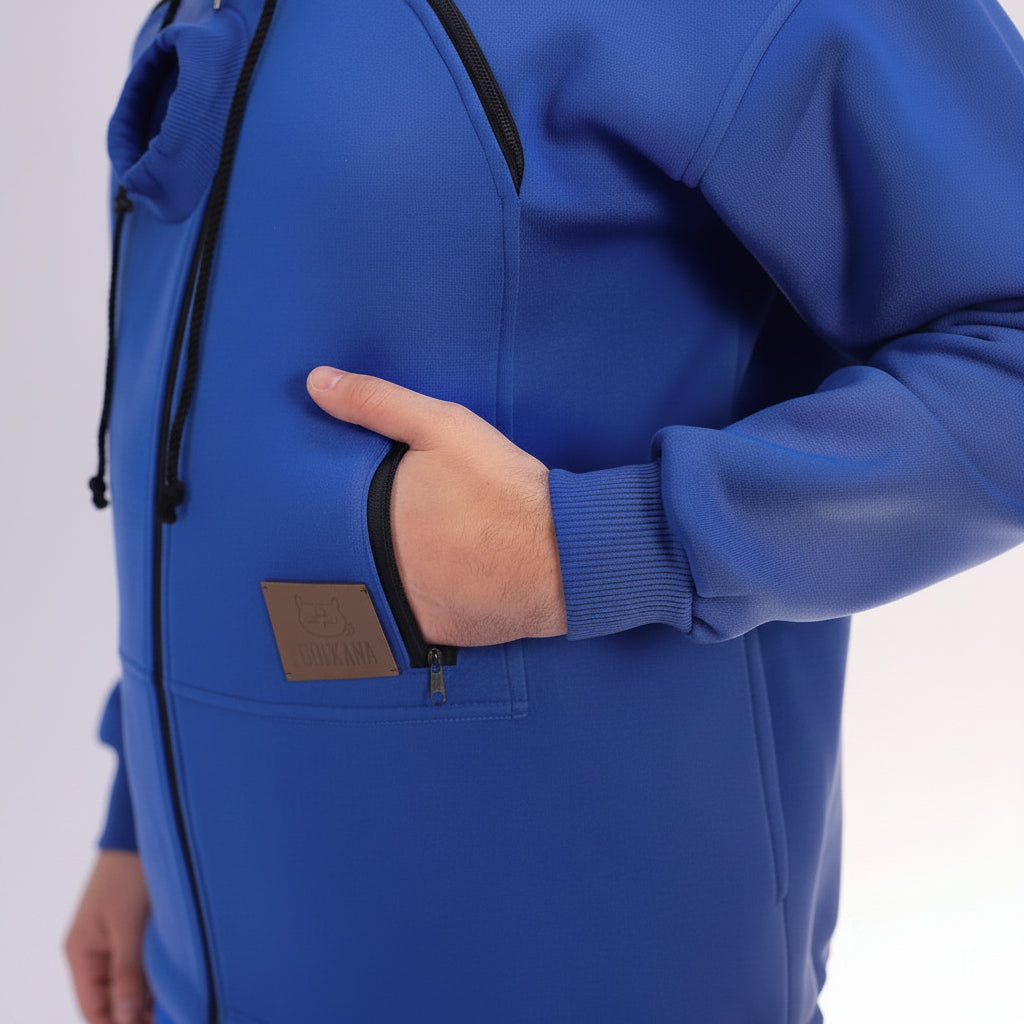 royal blue hoodie with a hand in the pocket on a white background