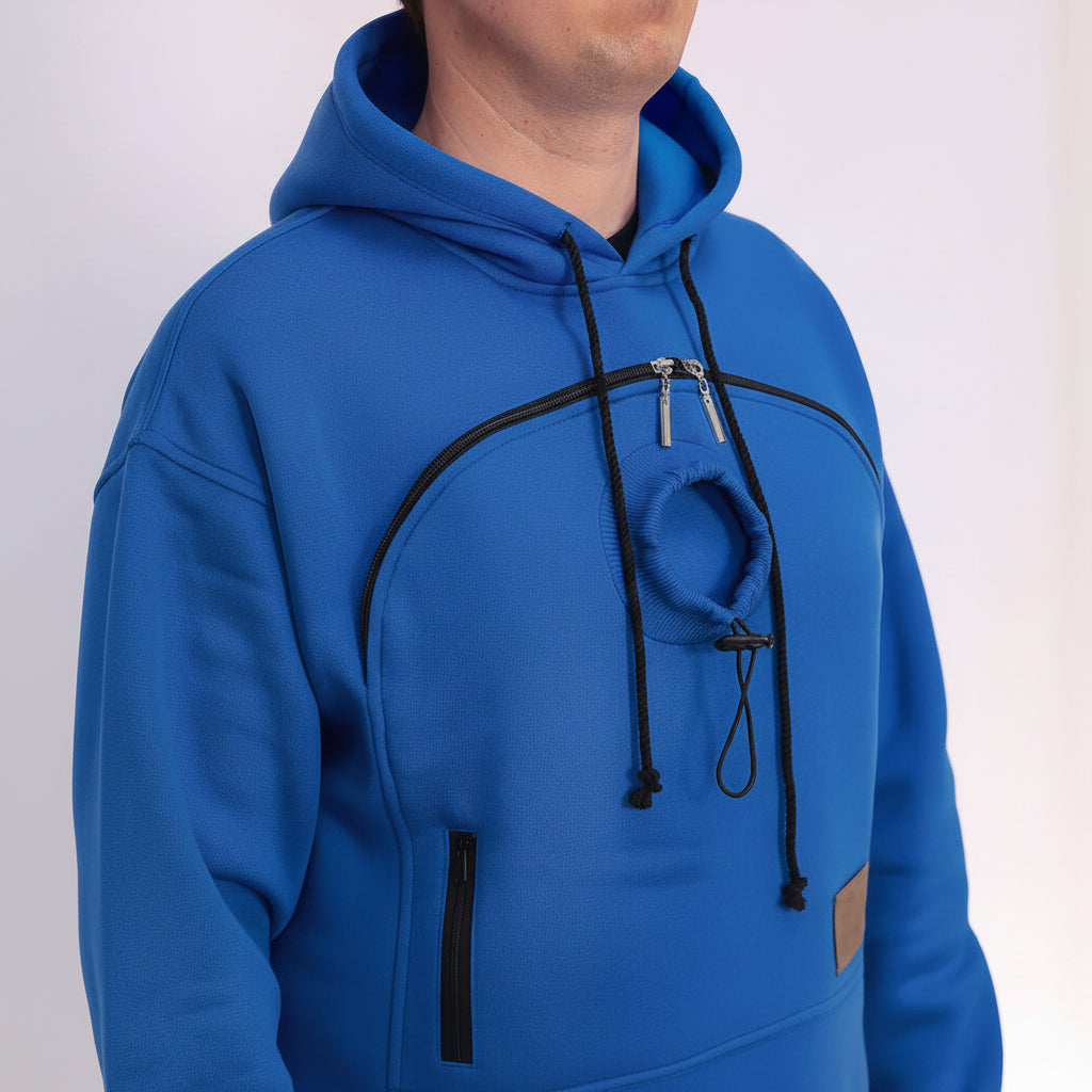 royal blue hoodie with black zippers and drawstrings on a white background