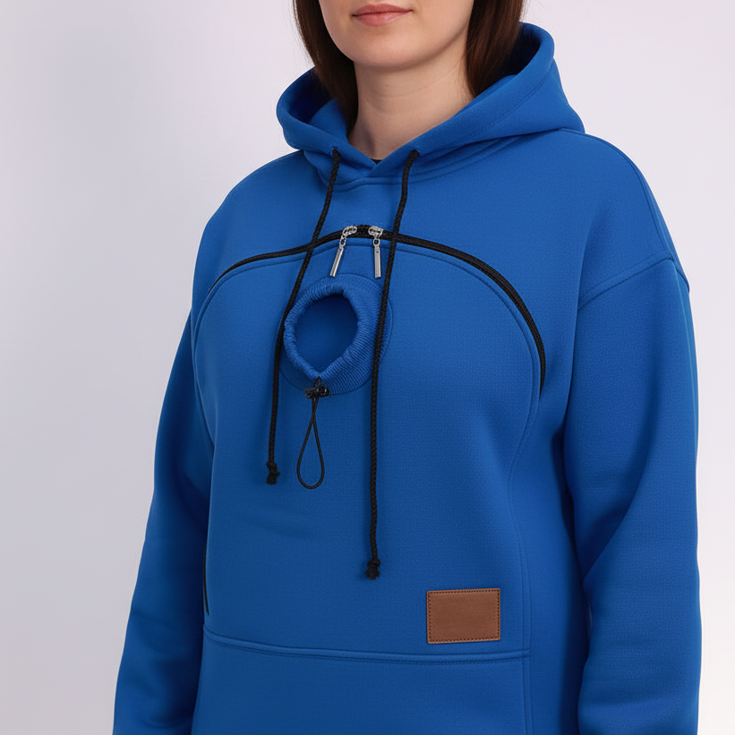 Royal Blue hoodie with a brown patch on a white background
