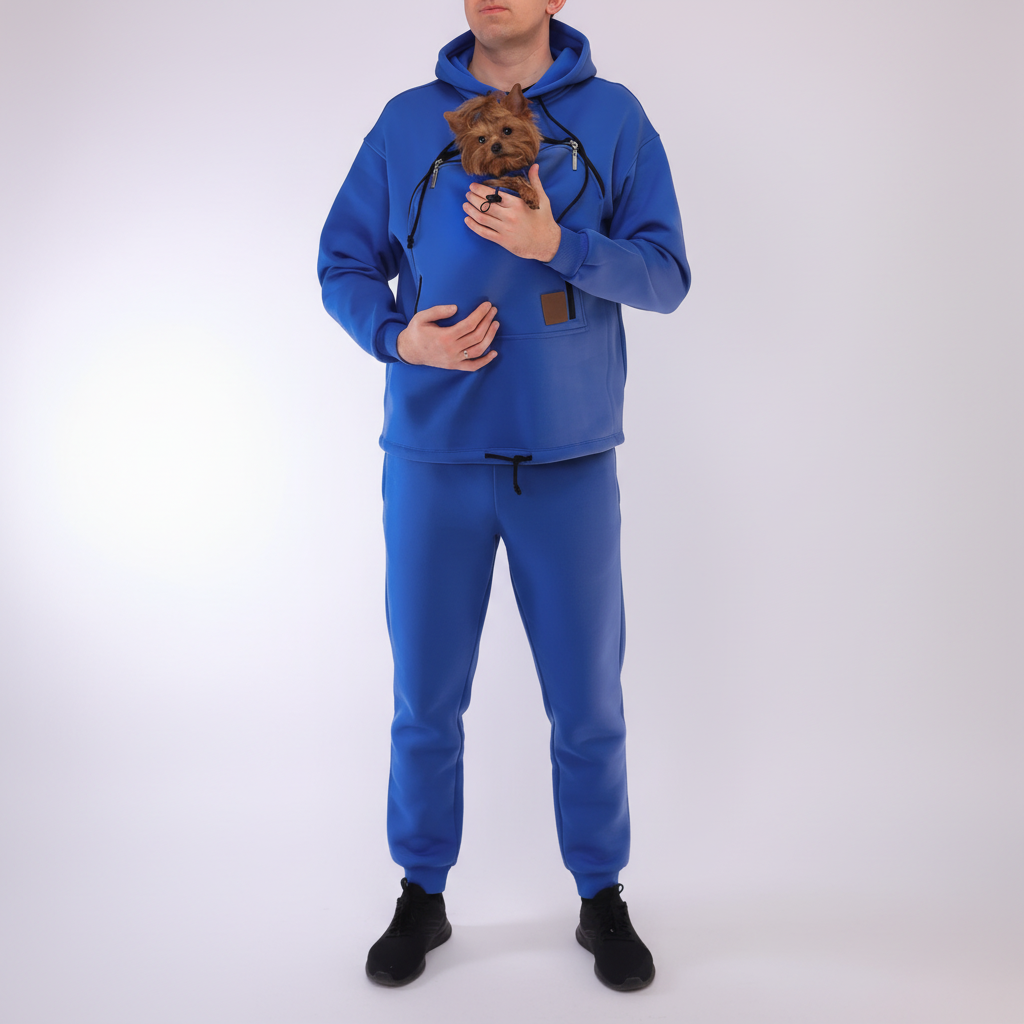 Person wearing a royal blue hoodie with a pocket holding a small dog on a white background