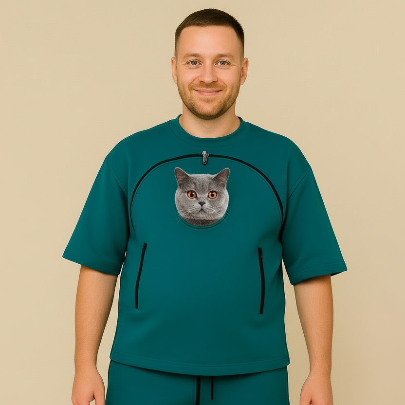 Man wearing a teal shirt with a cat graphic on a beige background