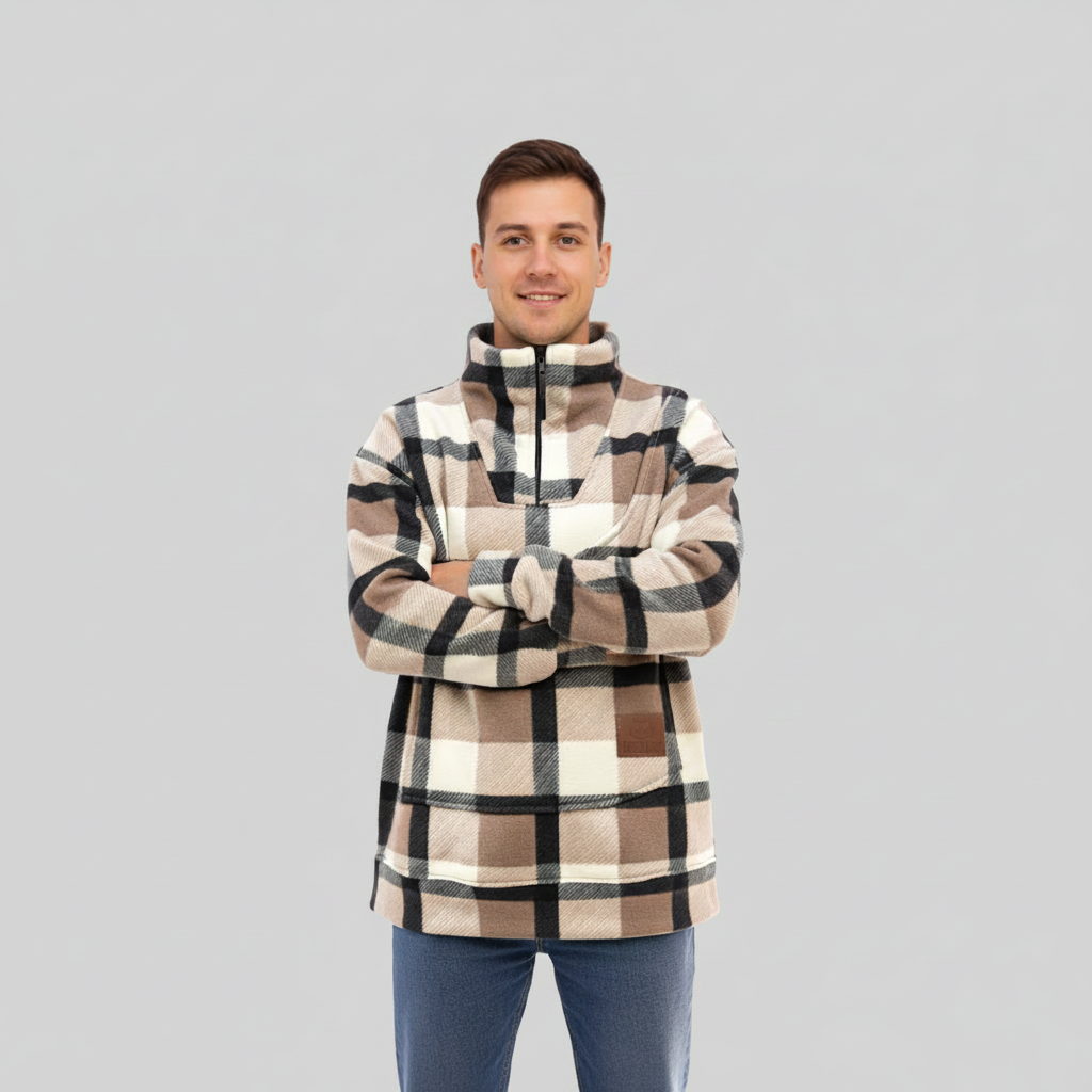 Man wearing a plaid sweatshirt with a white background