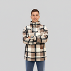 Man wearing a plaid sweatshirt with a white background