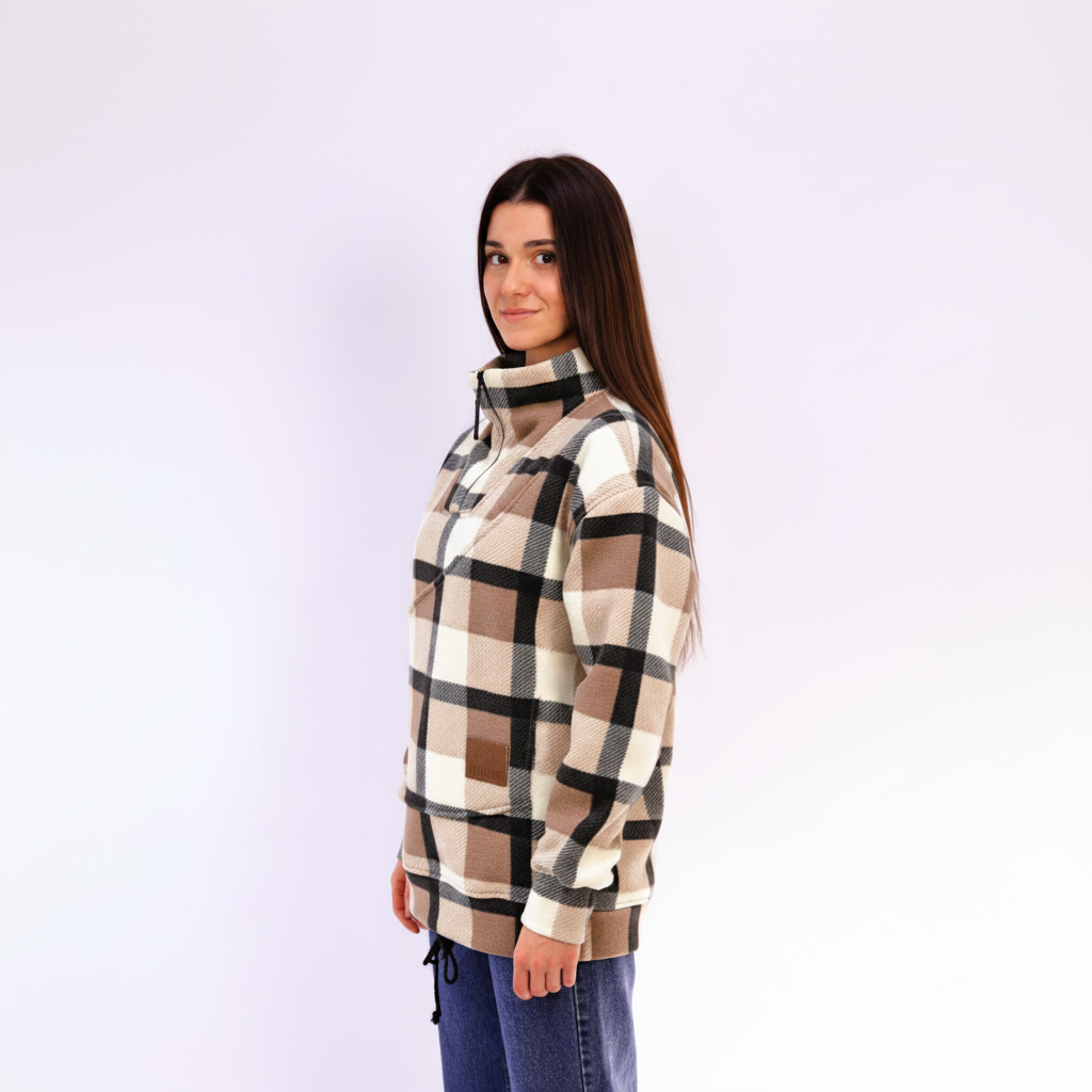 Person wearing a plaid sweatshirt on white background