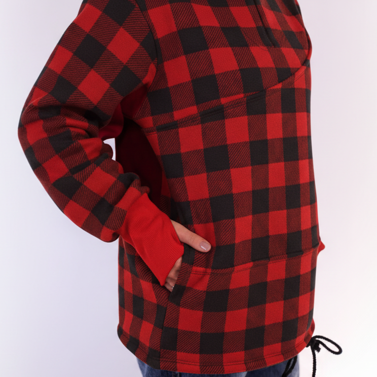 Person wearing a red square plaid sweatshirt on white background