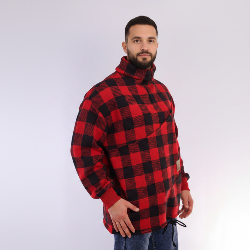 Person wearing a Black and Red Plaid sweatshirt on white background