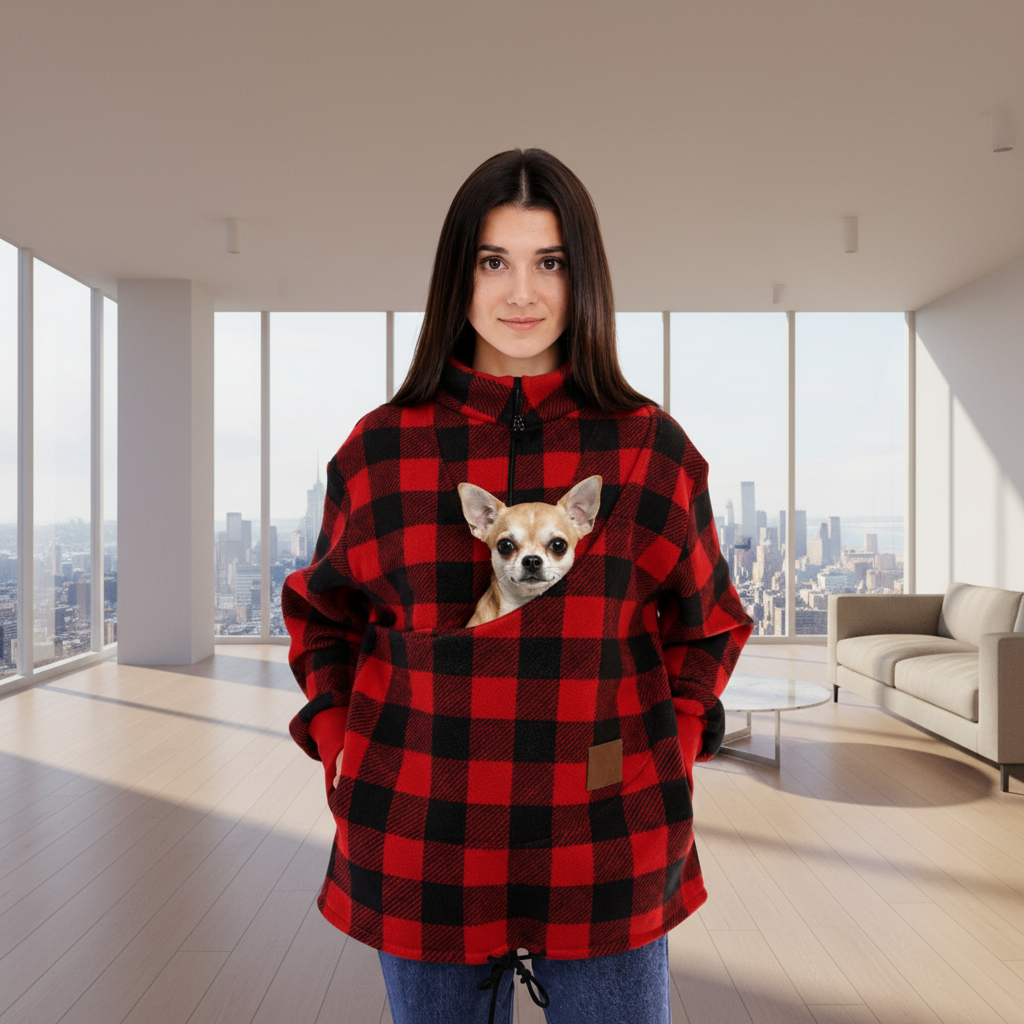 Women wearing a red square plaid sweatshirt with Chihuahua in pouch, standing in living room.