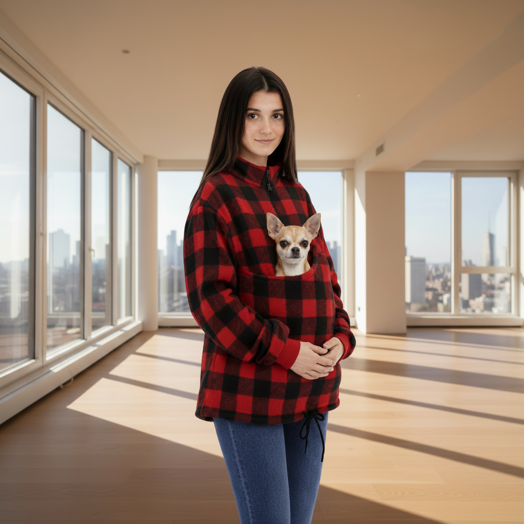 Women wearing a red square plaid sweatshirt with a dog Chihuahua in pouch, standing in living room.