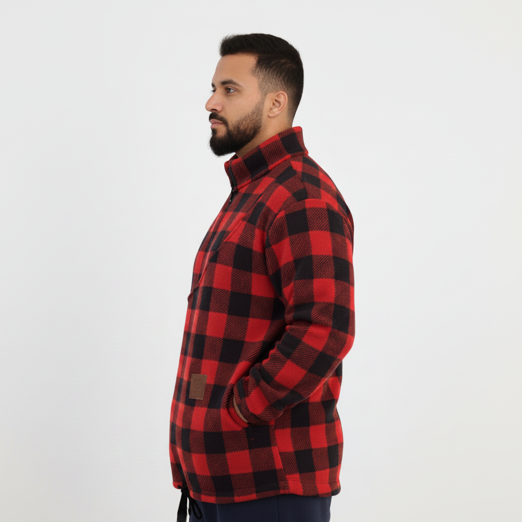 Men wearing a Black and Red Plaid sweatshirt on white background