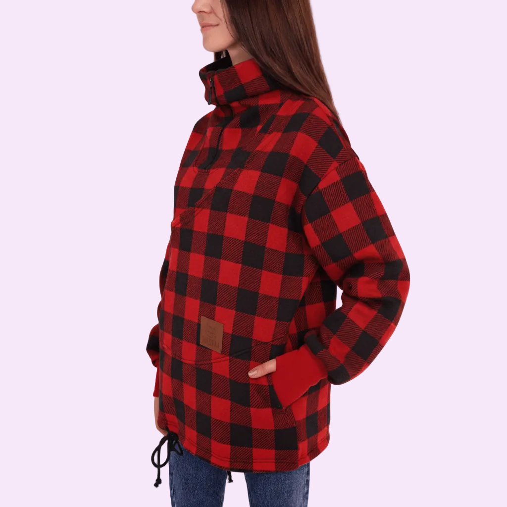Women wearing a red square plaid sweatshirt