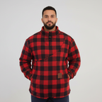 Person wearing a Red and Black Plaid sweatshirt on white background