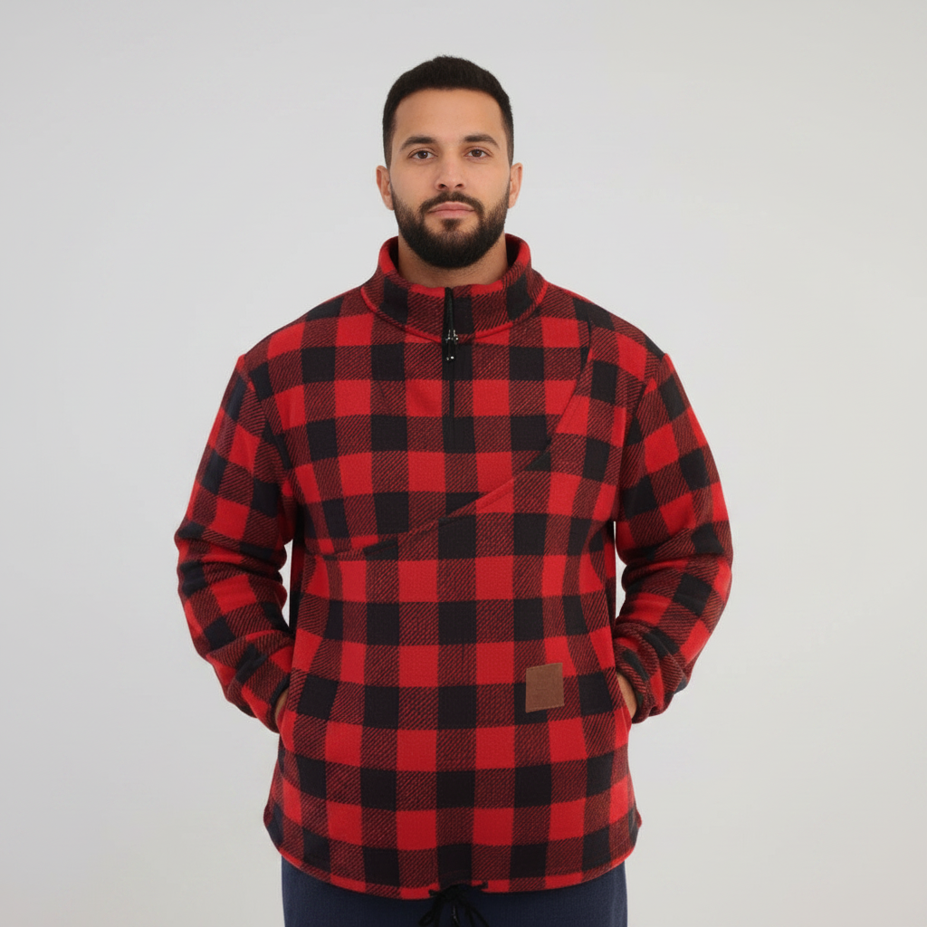 Person wearing a Red and Black Plaid sweatshirt on white background