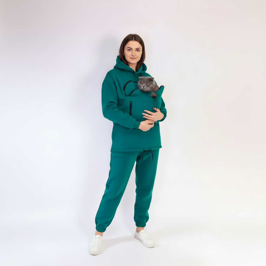 Person wearing a green teal tracksuit holding a gray cat on a white background