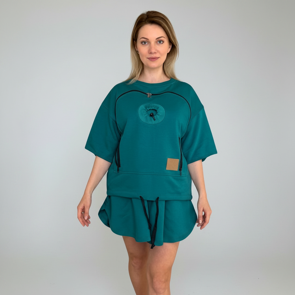 Woman wearing a teal outfit with a logo against a white curtain background